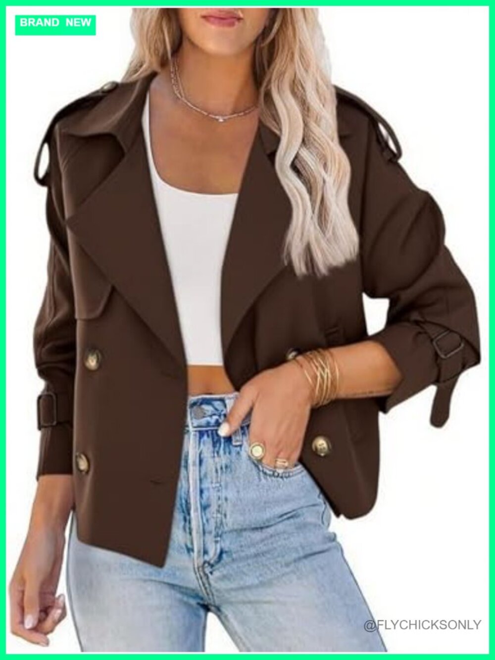 Women's Cropped Trench Coat Double-Breasted Belted Long Sleeve Utility Jacket